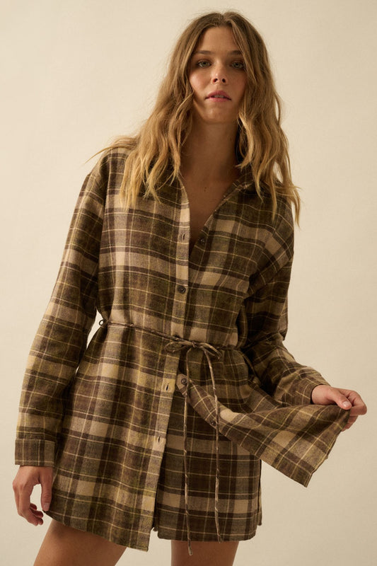 Plaid Flannel Button-up Belted Shirt Romper