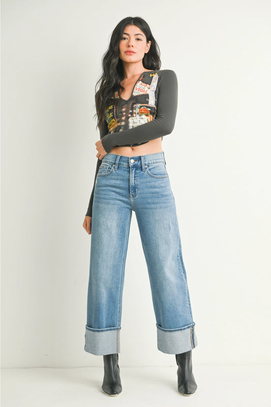 Petite Cuffed Slim Wide Blue Jeans