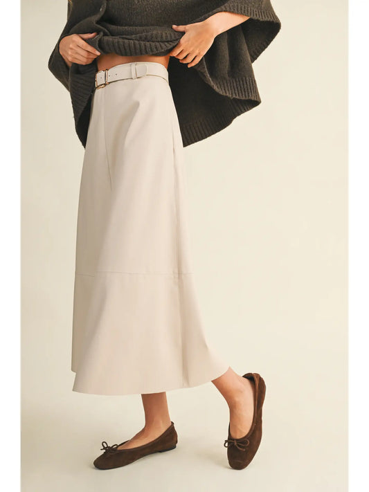 Belted Flare Cut Edge Skirt ECRU