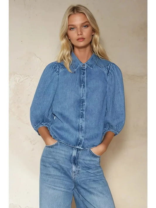 Balloon Sleeved Denim Top