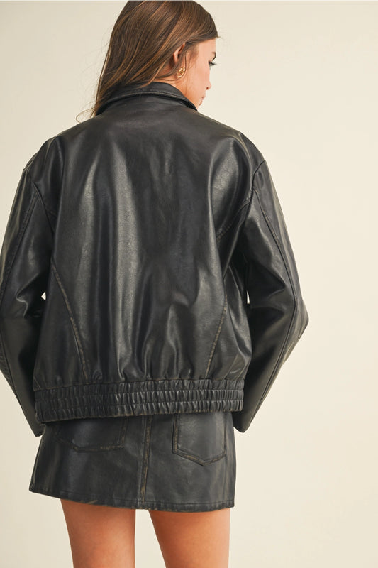WASHED LEATHER ZIP UP JACKET | Black