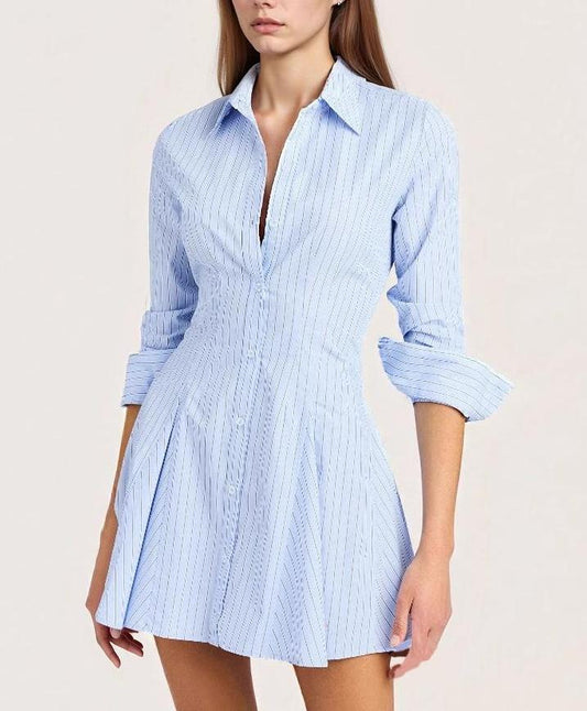 Blue Pinstripe Pleated Shirt Dress