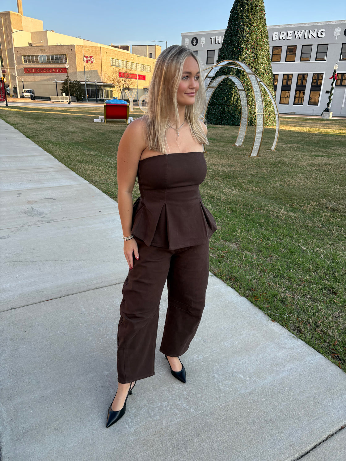 Pleated Straples Peplum Top and Barrel Pants Set