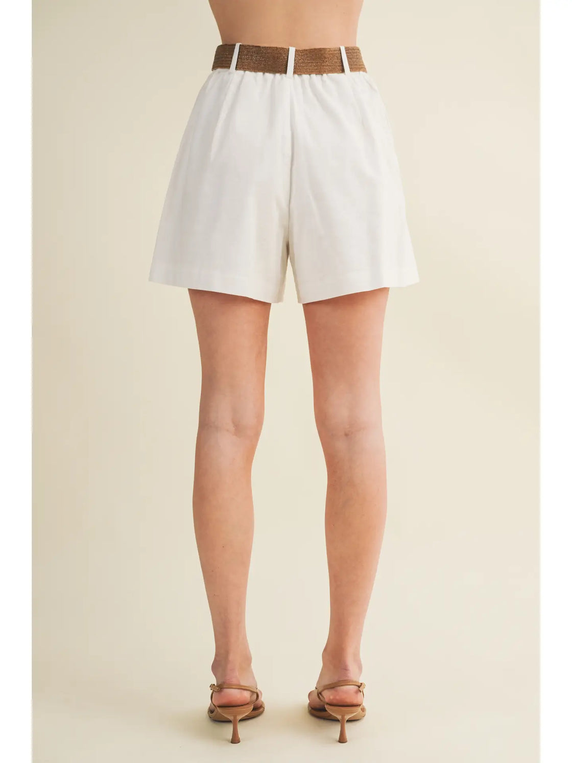 White Woven Belt High Rise Pleated Shorts