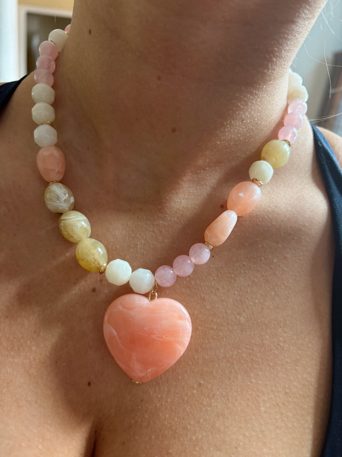 Cream, Light Pink, and Brown Stone Necklace
