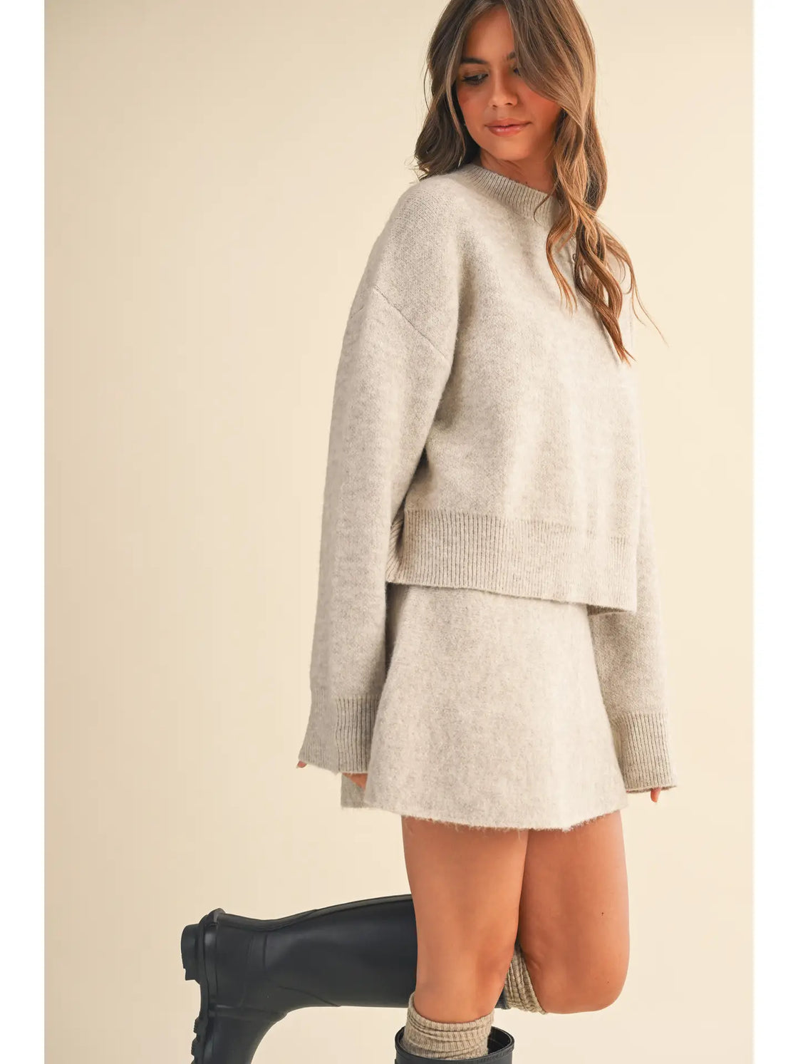 Long Sleeve Sweater Top and Flared Mini Skirt Set