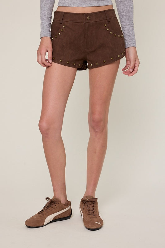 Leather Solid Color Casual Studded Micro Shorts