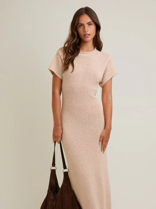 Round Neck Short Sleeve Sweater Midi Dress