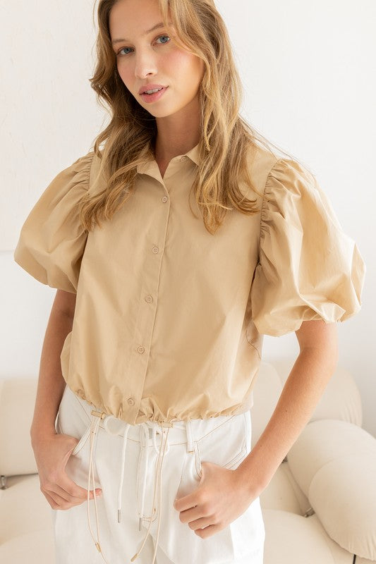 Drawstring Hem Puff Sleeve Blouse