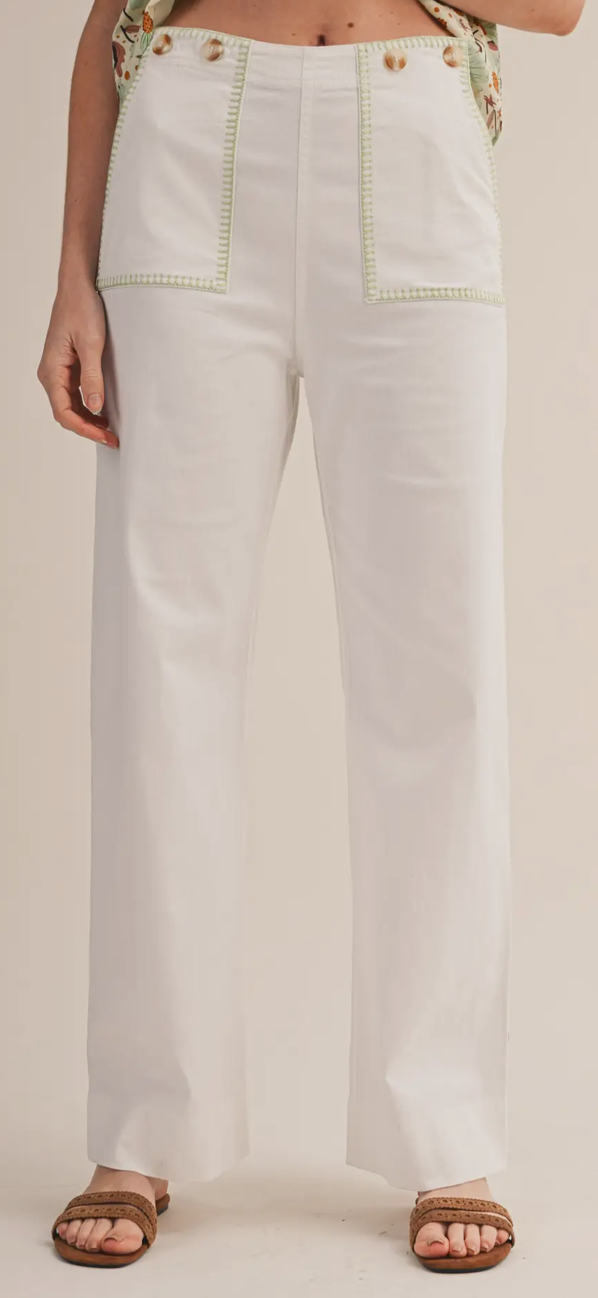 OFF White High Waist Wide Leg Pants with Green Contrast
Stitching