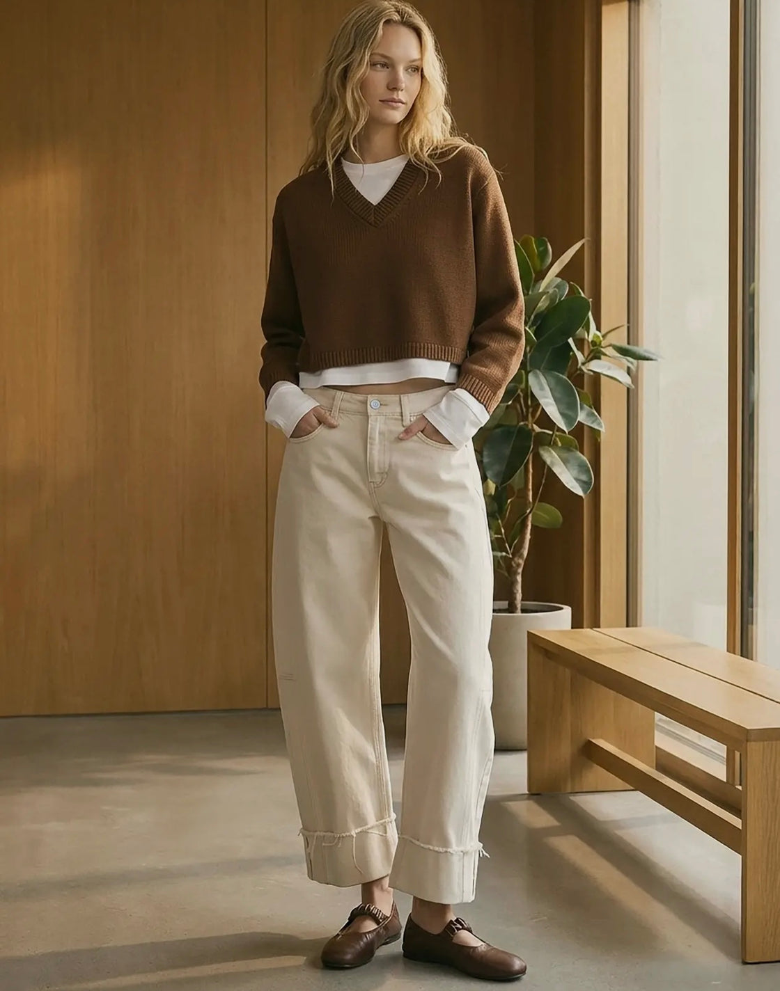 High Rise Side Panel Crop Cuffed Barrel Jeans