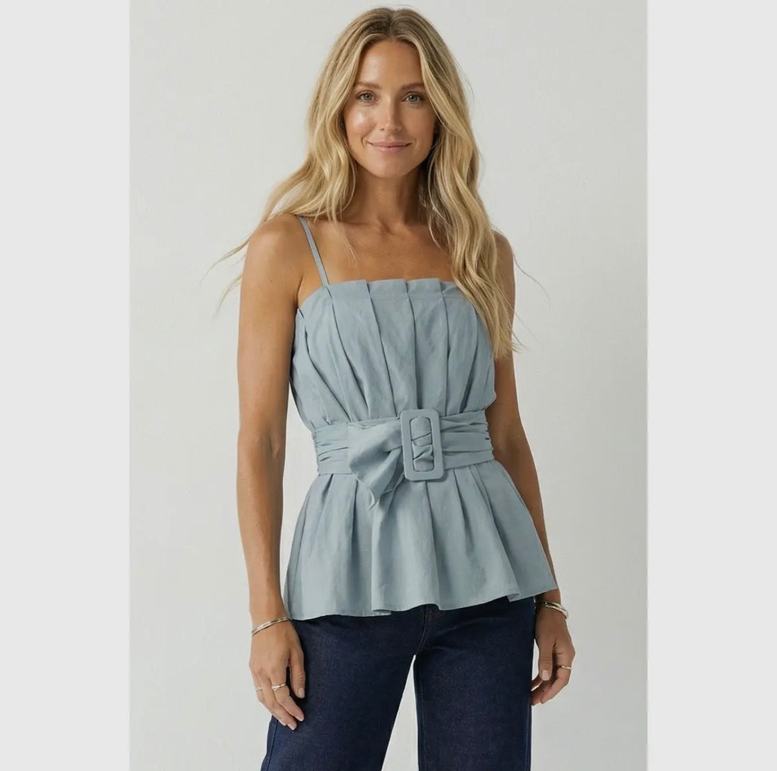 Blue Buckle Pleated Sleeveless Top