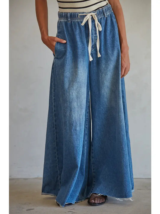 Denim Drawstring Waist Band Wide Leg Pants