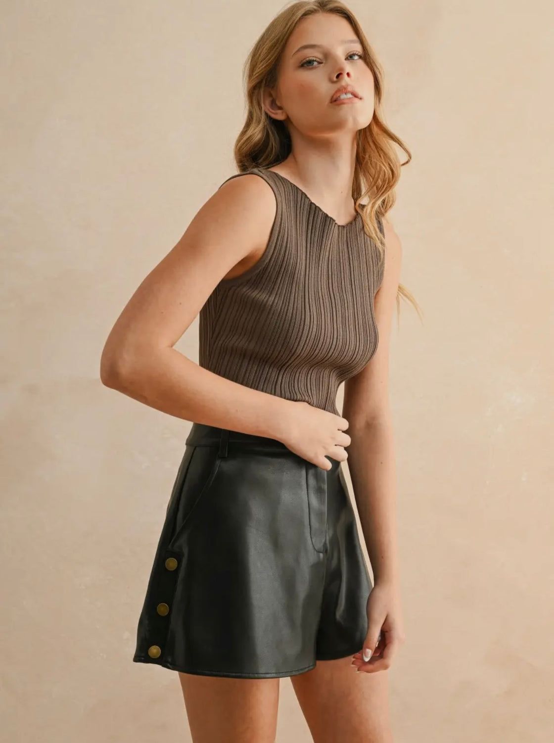 Pleated Button Detail PU Shorts