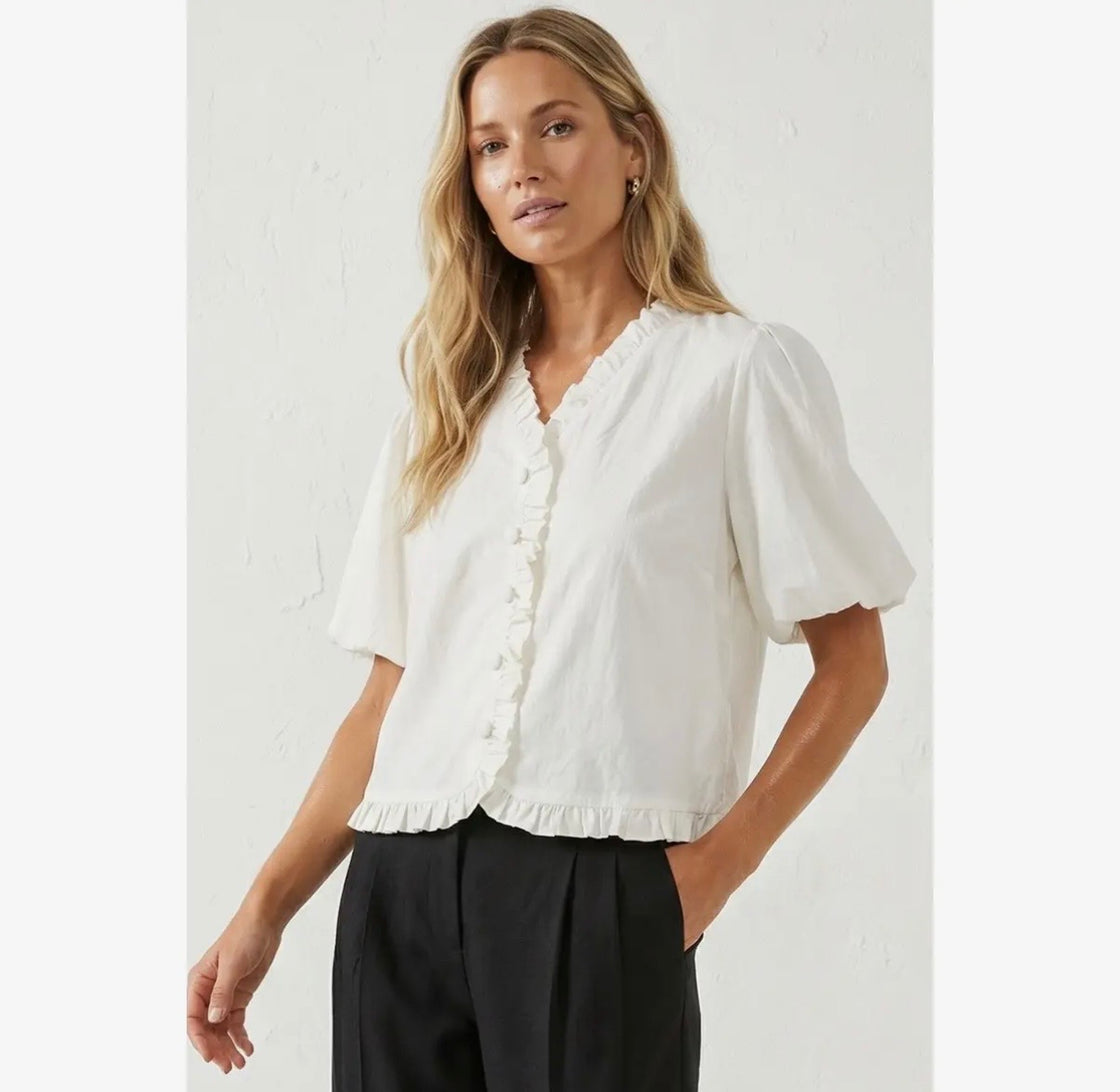Off White Ruffle Detail Bubble Sleeve Top