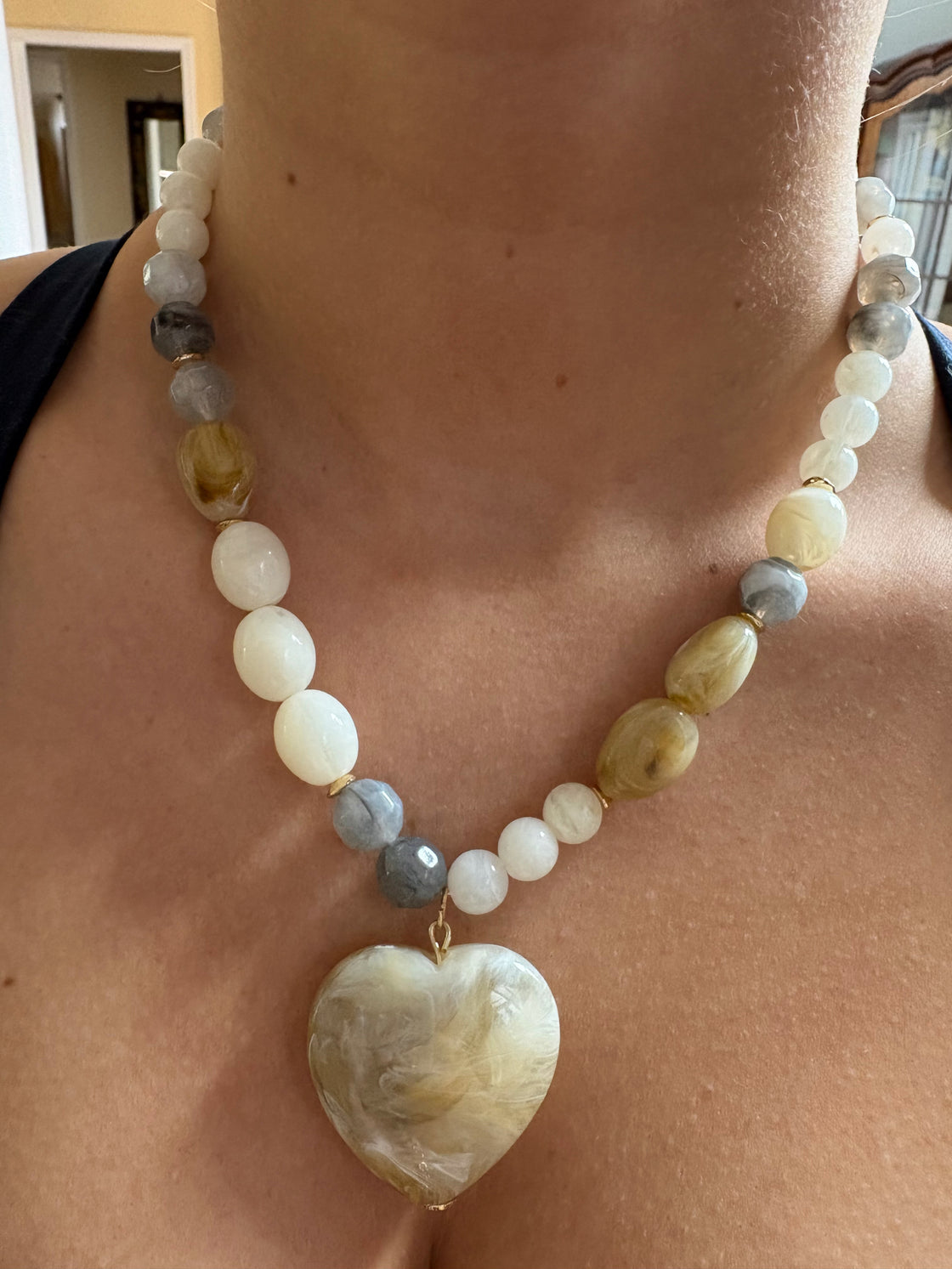 Grey, White. Cream Acrylic Beaded with Heart Charm Necklace