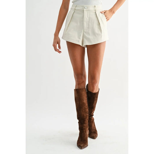 High-Waisted Pleated Ivory Tailored Cotton Shorts