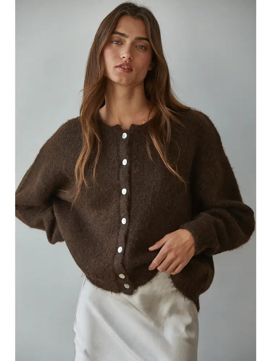 Dark Chocolate Knit Sweater Round Neck Long Sleeve Cardigan Top