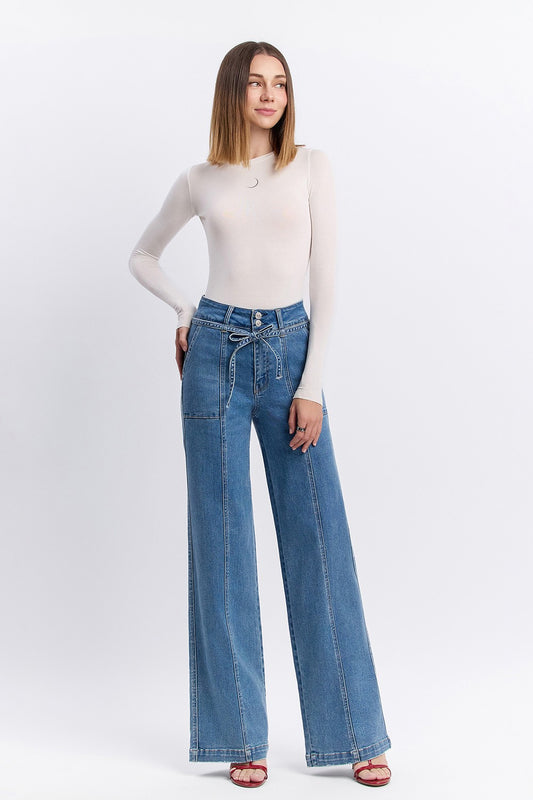 Super High Rise Tie Waistband Wide Leg Jeans