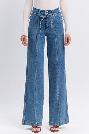 Super High Rise Tie Waistband Wide Leg Jeans