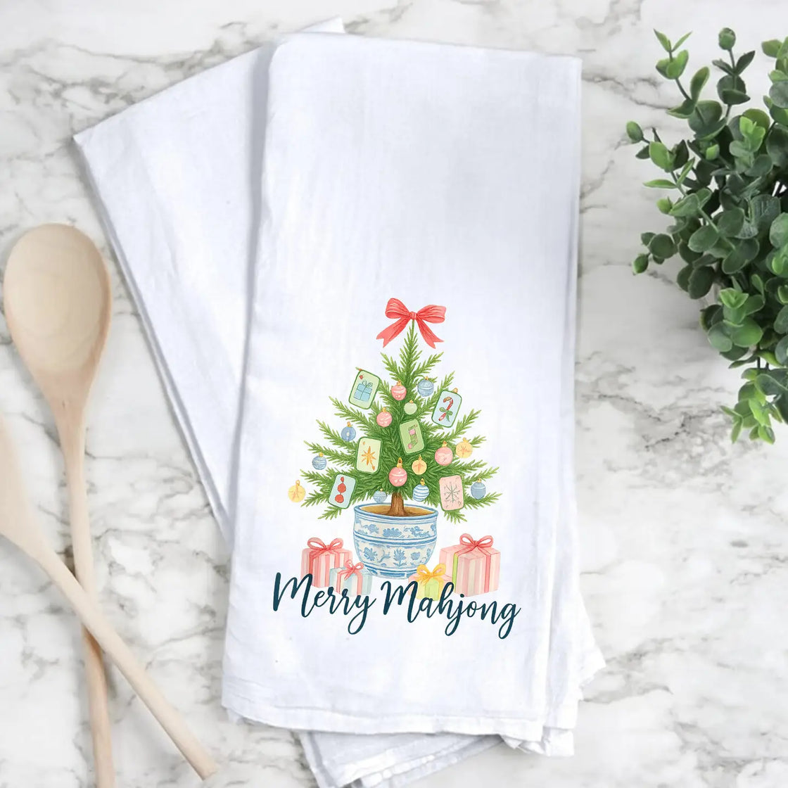 Merry Mahjong Christmas Tree Holiday Tea Towel
