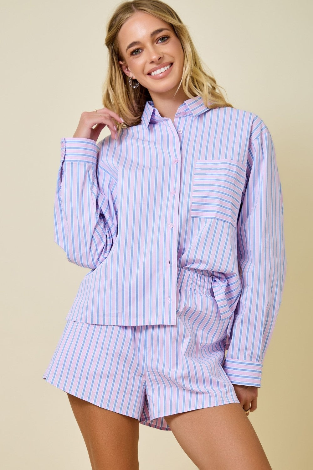 Pink/Blue Stripe Button Down Collared Shirt Top W/ Pocket