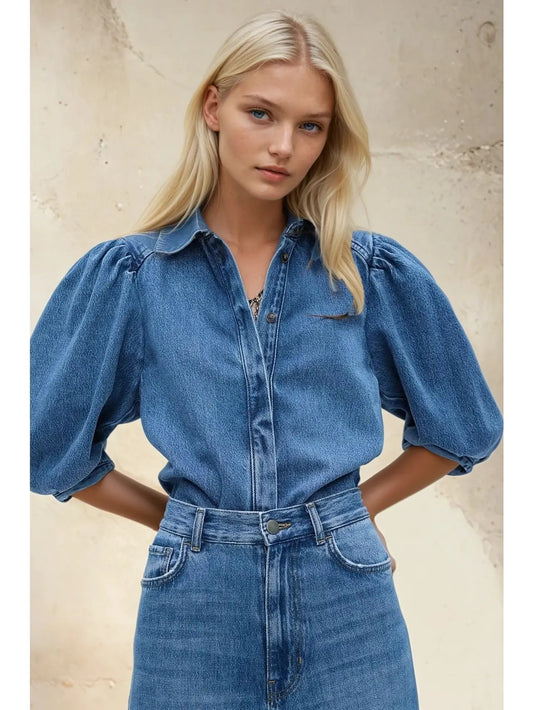Balloon Sleeved Denim Top