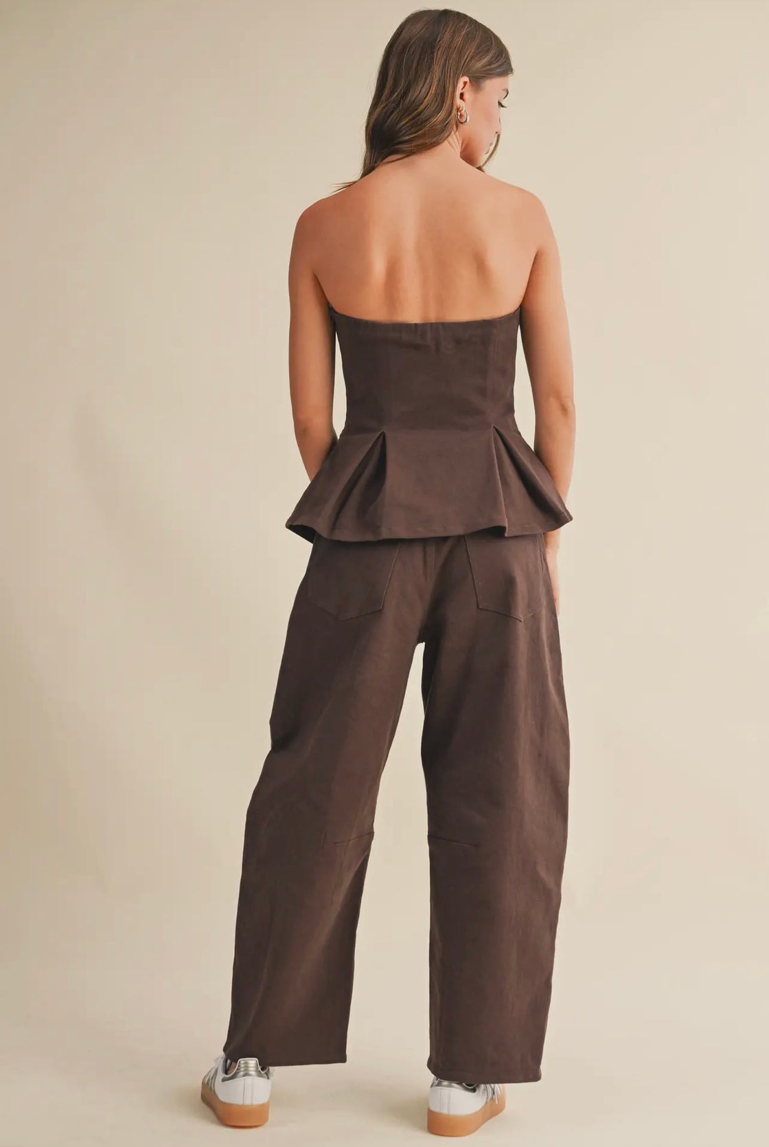Pleated Straples Peplum Top and Barrel Pants Set