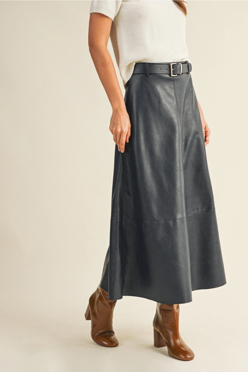 Belted Flare Cut Edge Skirt