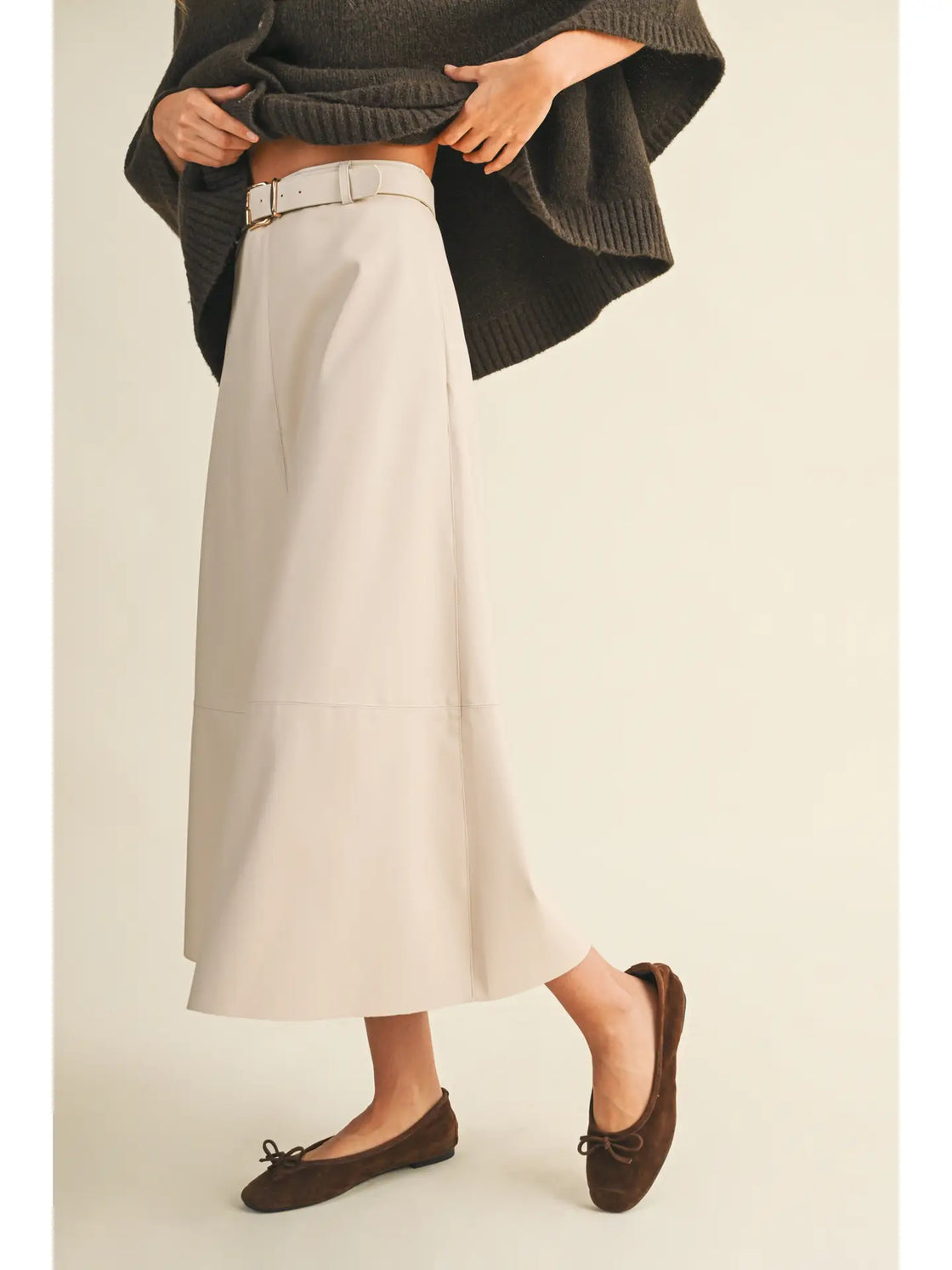 Belted Flare Cut Edge Skirt