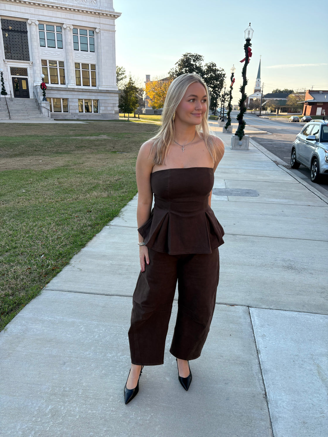Pleated Straples Peplum Top and Barrel Pants Set