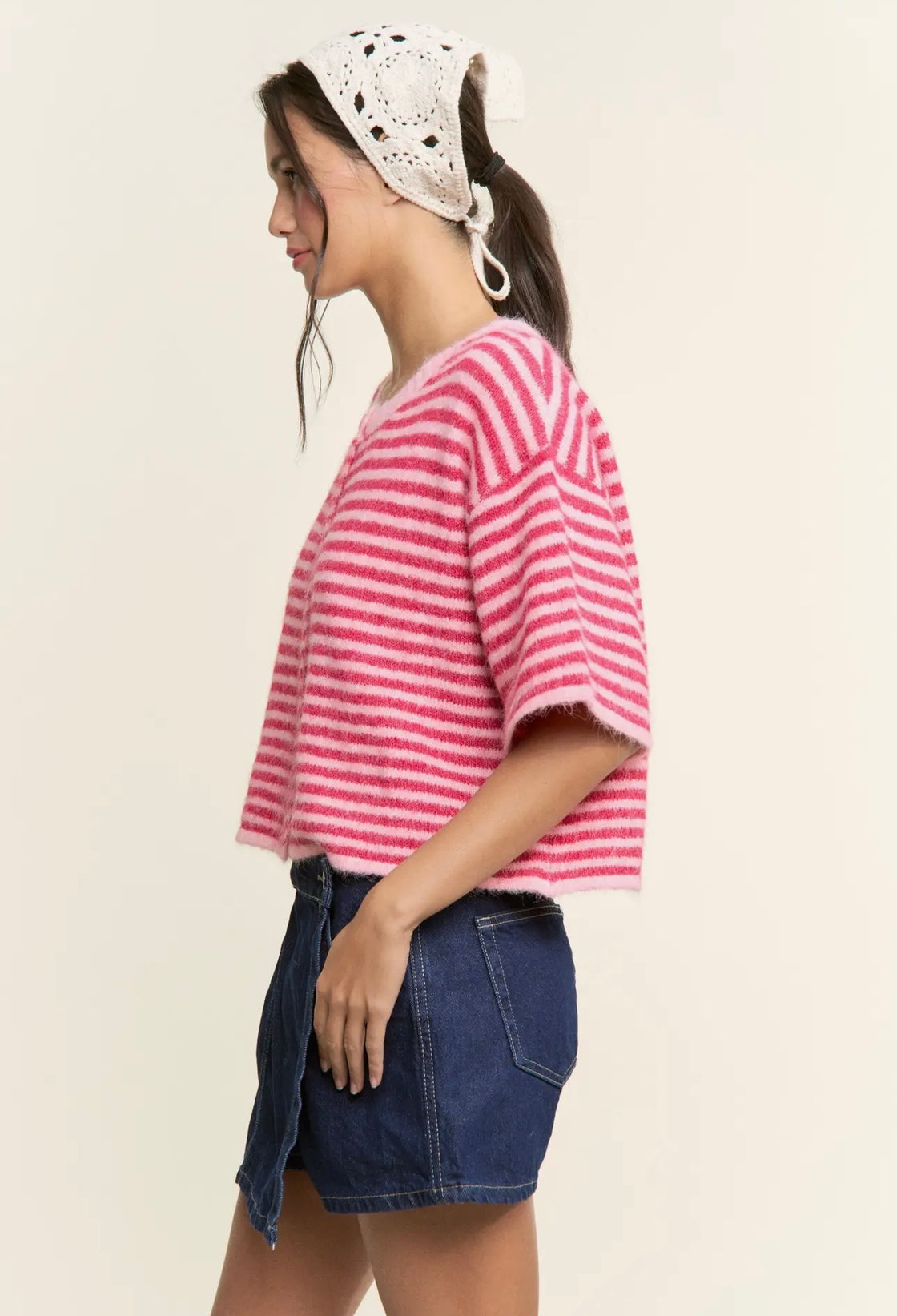 Fuchsia Striped Cropped Soft Knit Cardigan - Lou Cardigan
