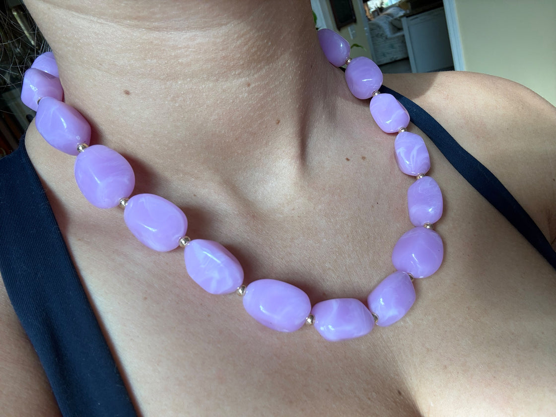 Purple/Lavender Oval Acrylic Natural Beaded Necklace