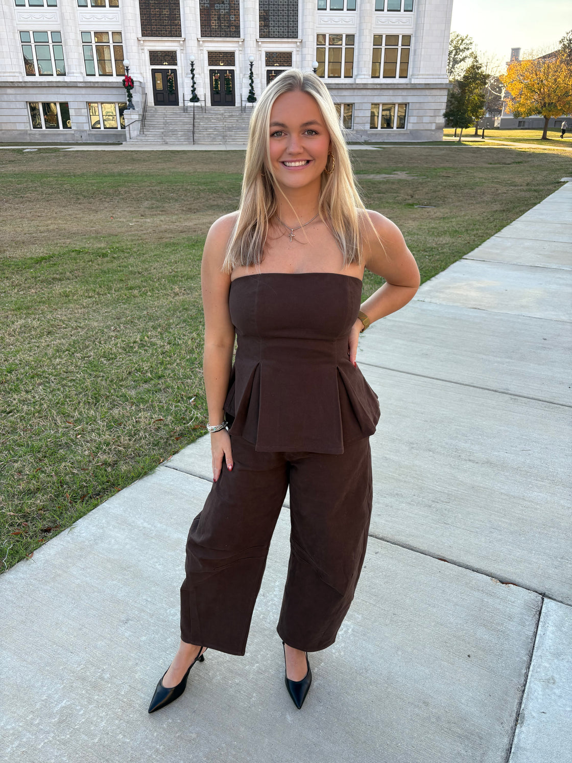 Pleated Straples Peplum Top and Barrel Pants Set