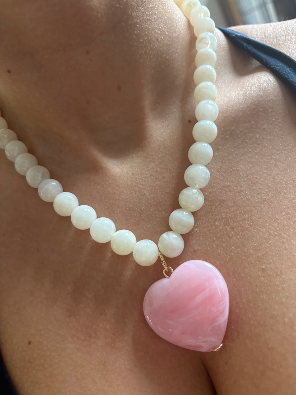 White Stone Circle with Pink Natural Stone Heart Charm