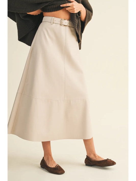 Belted Flare Cut Edge Skirt ECRU
