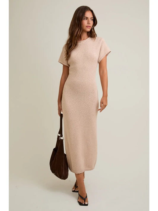 Round Neck Short Sleeve Sweater Midi Dress