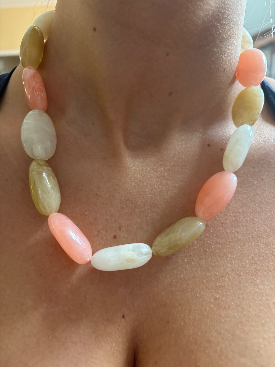Cream, Light Pink, and Brown Stone Necklace