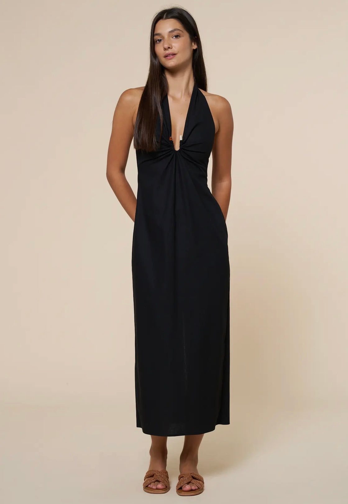 Bead Gathered Plunging Halter
Maxi Dress