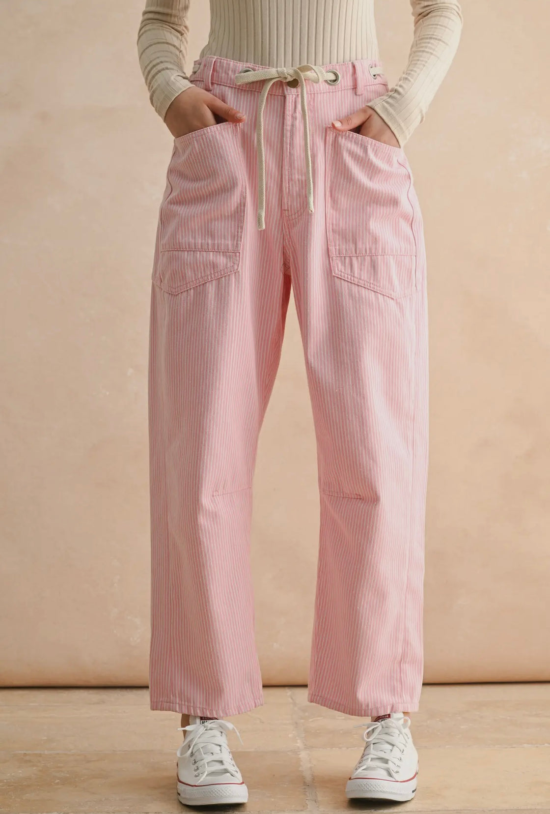 Pink Striped Barrel Pants with Tied in Front