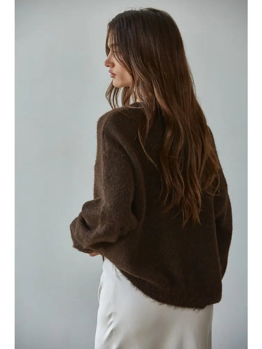 Dark Chocolate Knit Sweater Round Neck Long Sleeve Cardigan Top