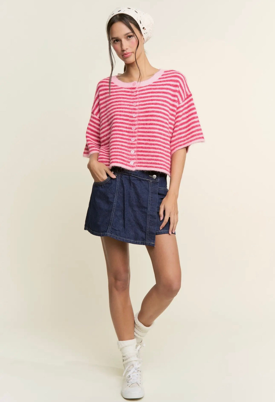 Fuchsia Striped Cropped Soft Knit Cardigan - Lou Cardigan