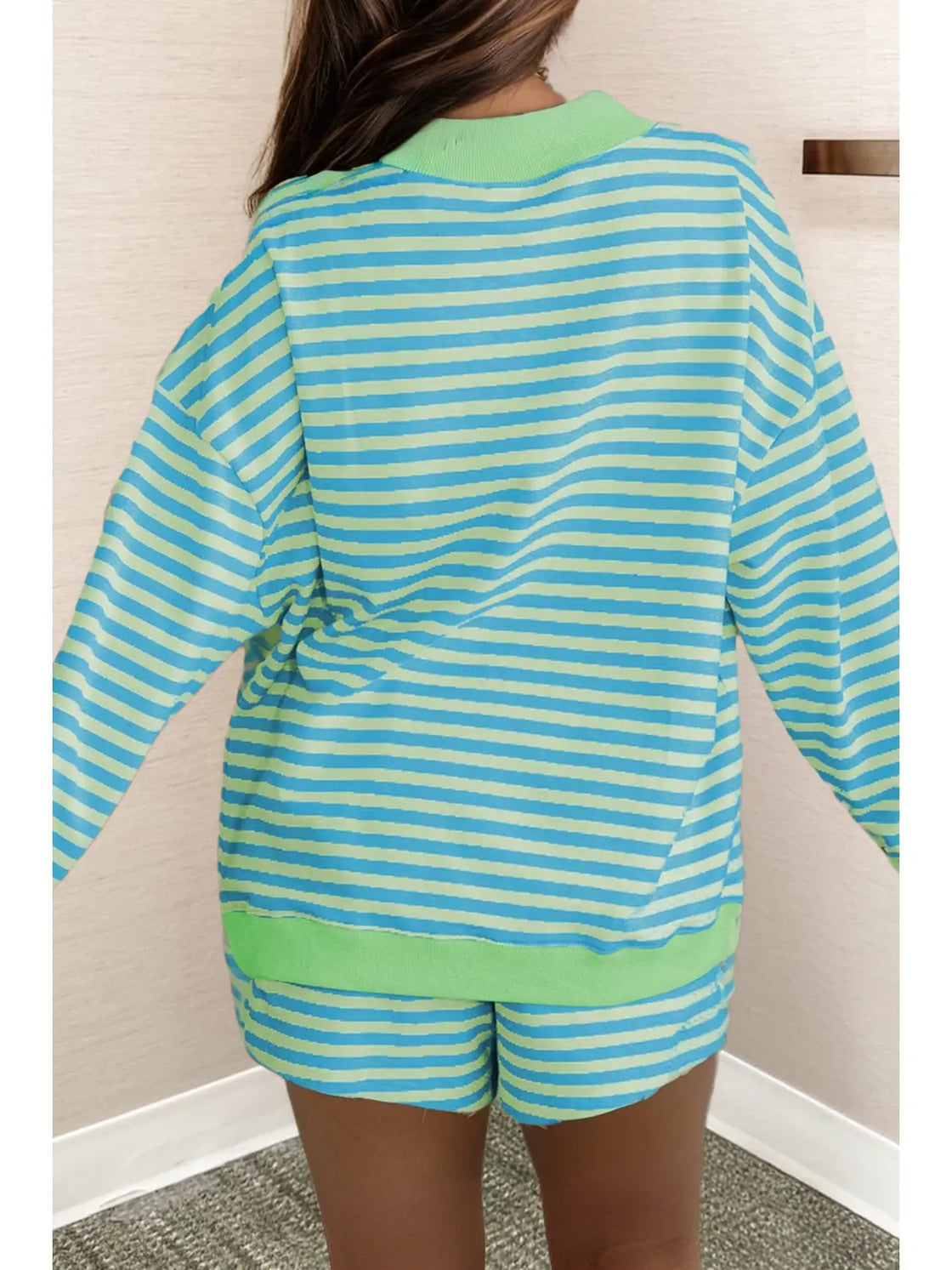 Green Stripe Pullover Shorts Set