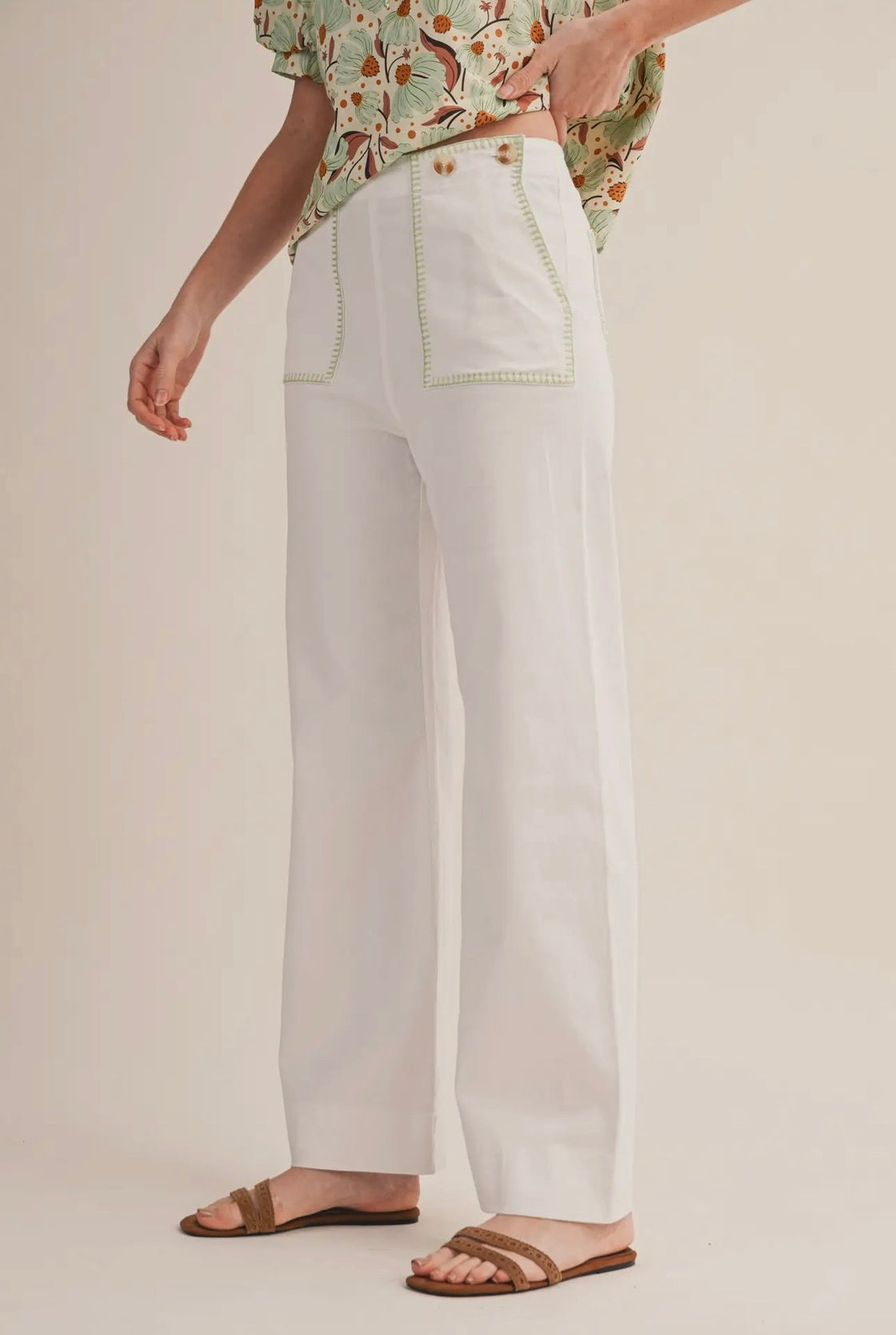 OFF White High Waist Wide Leg Pants with Green Contrast
Stitching