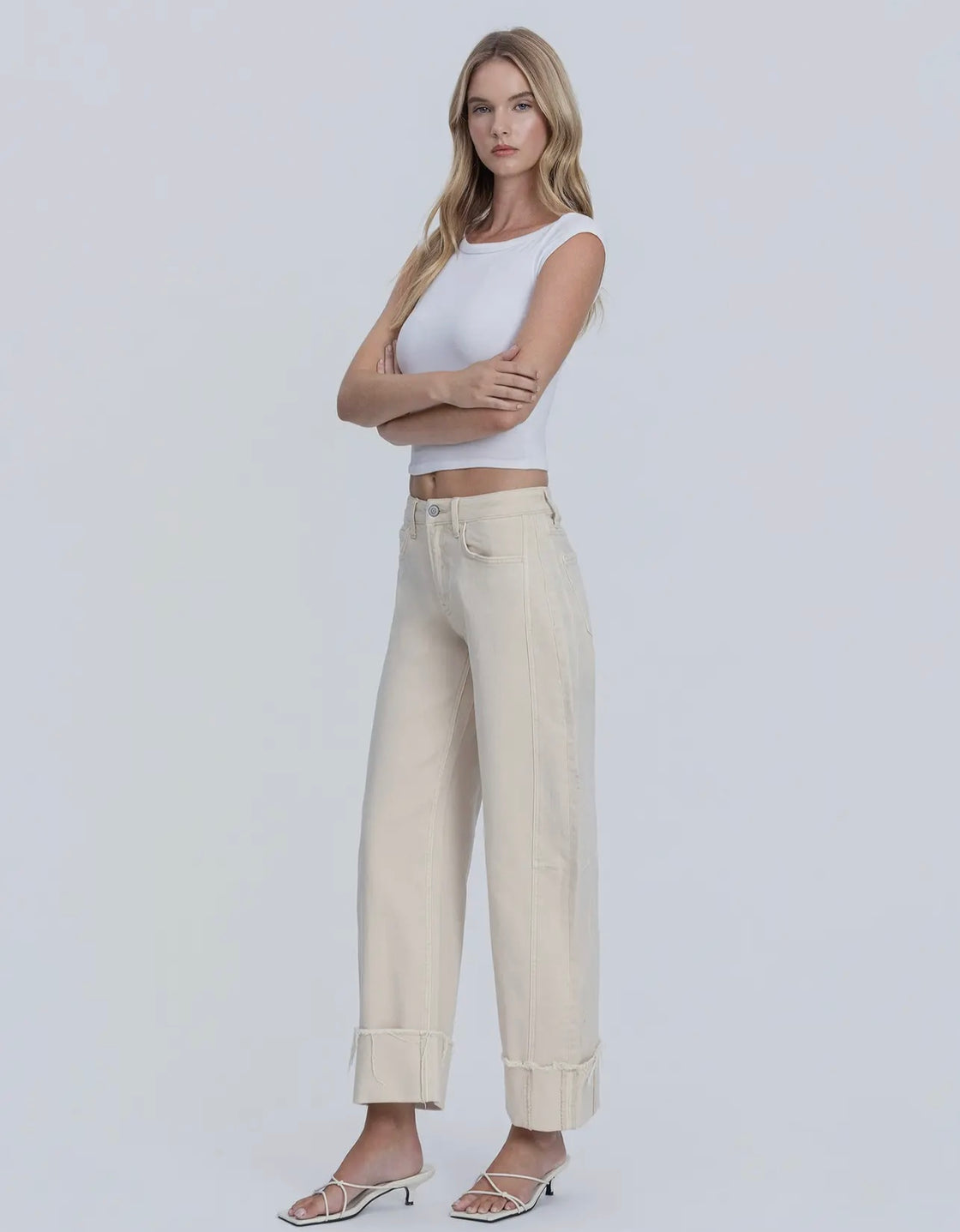 High Rise Side Panel Crop Cuffed Barrel Jeans