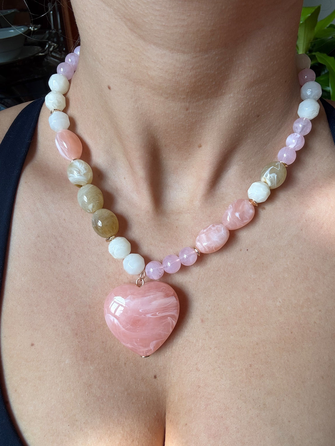 Cream, Light Pink, and Brown Stone Necklace