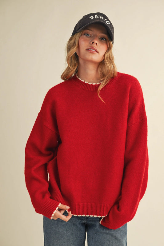 Contrast Knit Scalloped Edge Sweater