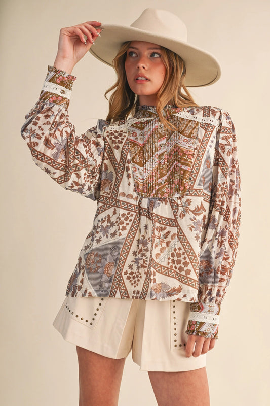 Patchwork Print Lace Trim Pin Tuck Blouse