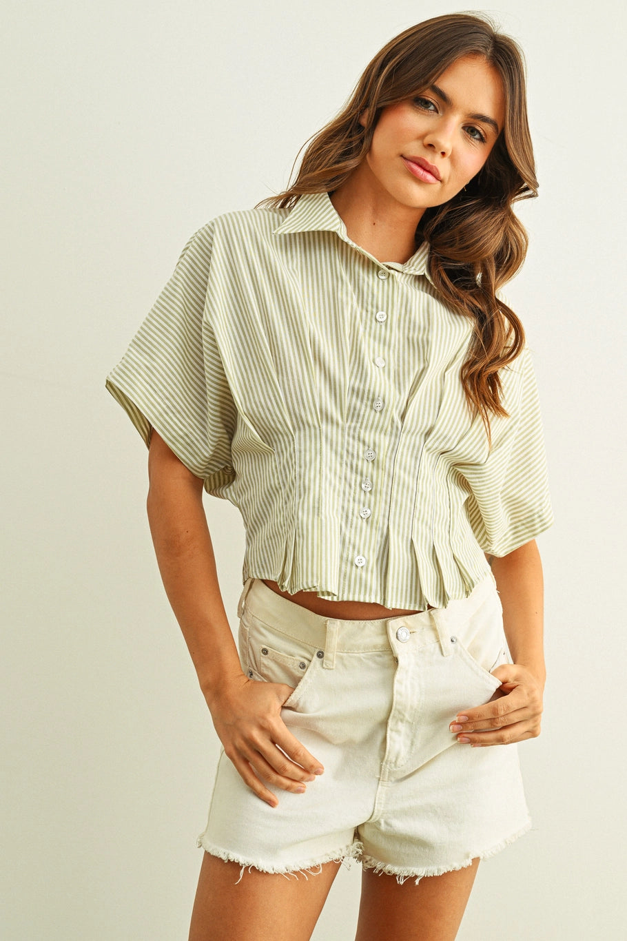 Sage Stripe Button Front Shirts with Pleated Waist Detail