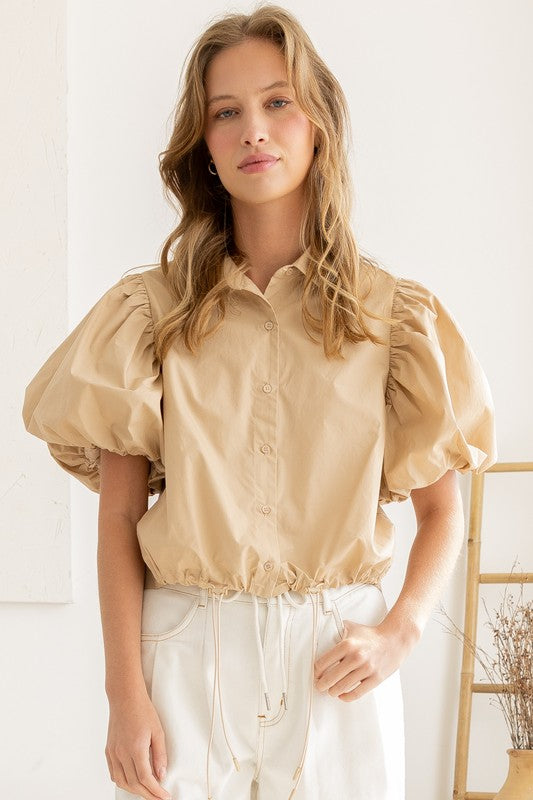Drawstring Hem Puff Sleeve Blouse